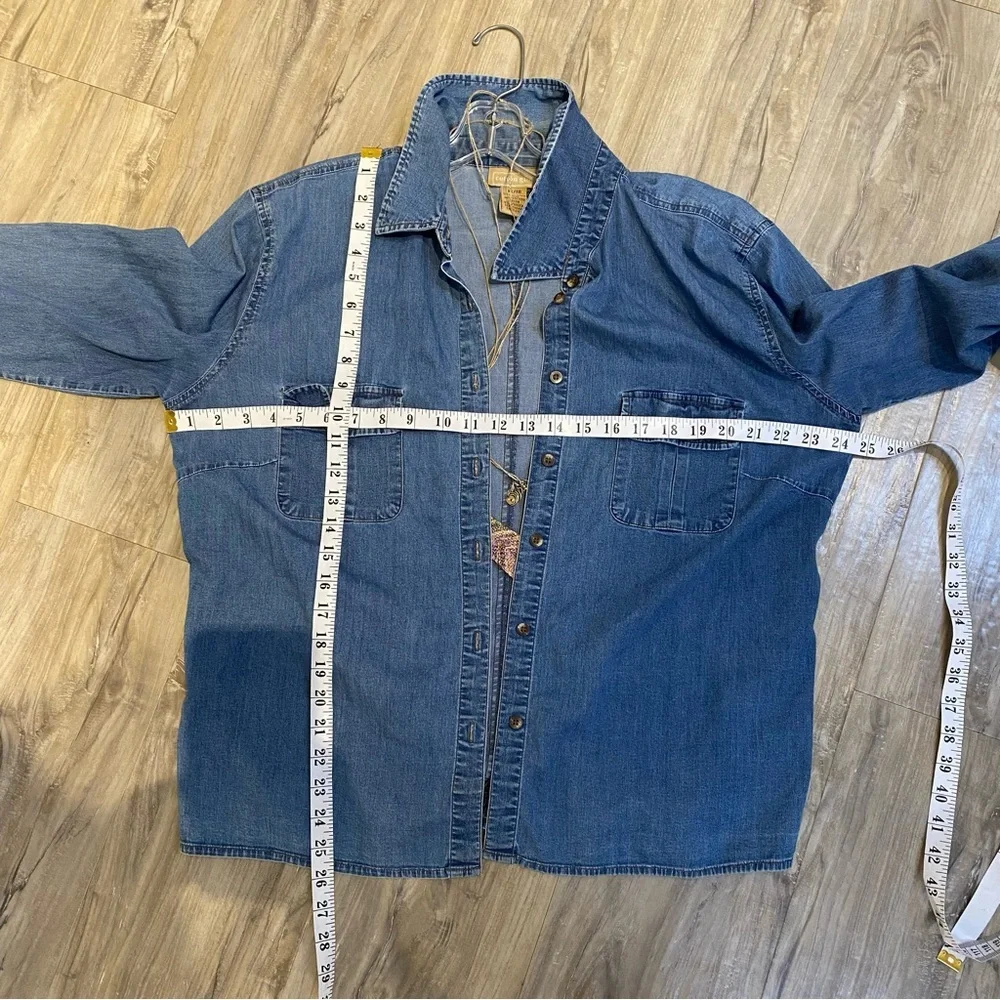 Upcycled patchwork vibe print on denim shirt w prairie country vibe - Picture 13 of 13